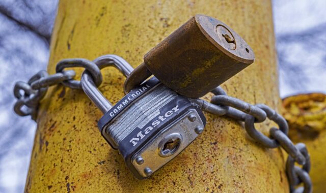lock, padlock, lock and key, chain, security, closed, locked, key, secure, private, padlocks, fence, gate, fence post, pole, gate closed, brown email, brown security, brown key